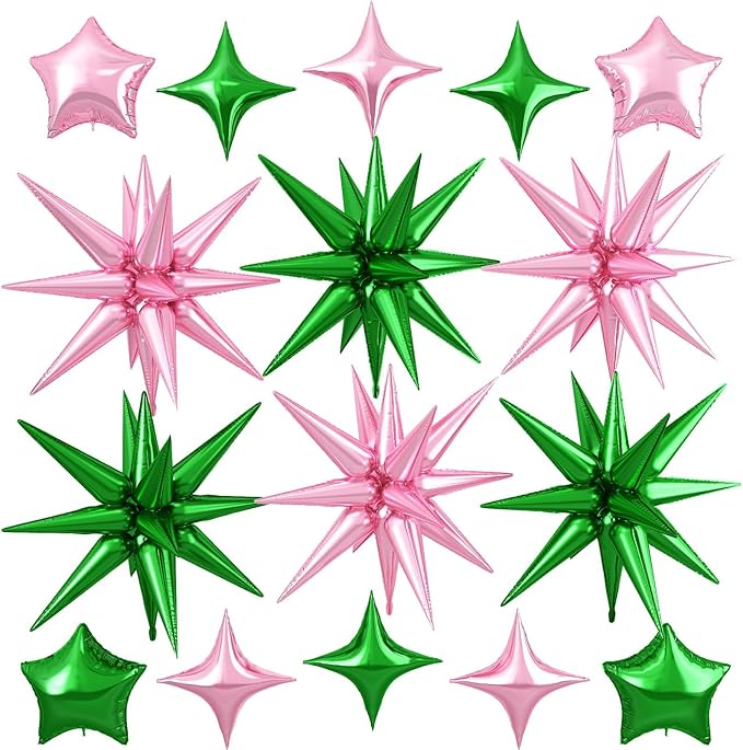 Pink Green Star Balloon,16Pcs Star Foil Balloons Set with 22Inch Explosion Spike Cone Balloons and 10Inch Quadrangle Helium Balloon for Birthday Wedding Baby Shower Party Decorations