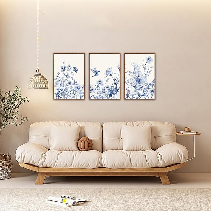 HLNIUC Bule Flower Bird Wall Art Set,Watercolor White&Blue Wildflower Poster,Farmhouse Vintage Blue Bird Blossoms Canvas Painting,Botanical Floral Canvas Art Print for Living Room Bedroom-16 x24 x3