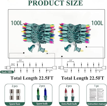 Christmas Lights Multicolor,Incandescent Light String Green Wire Indoor Outdoor, 200 Counts(2x100) 45 FT Length,Tree Light, Holiday Decorations in Party Birthday Bar