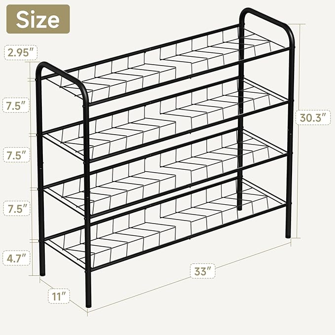 4-Tier Metal Shoe Rack, Free Standing Shoe Storage Rack for Entryway, Closet and Hallway (Black, 4-Tier)