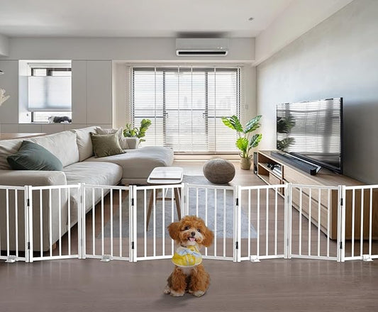 Free Standing Foldable Dog Gate, 16.5" High Step-Over Metal Short Pet Gate, Up to 96" Wide Puppy Fence for Stairs and Doorways, Indoor & Outdoor Use, No Drilling and No Assembly, White