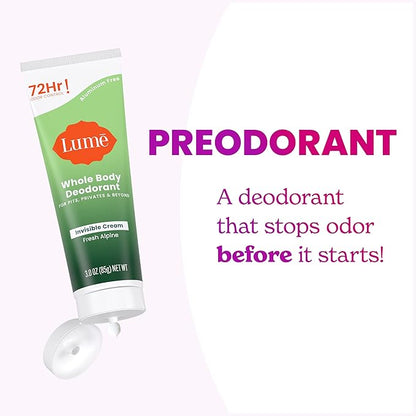 Lume Whole Body Deodorant - Invisible Cream Tube - 72 Hour Odor Control - Doctor Developed - Aluminum Free, Baking Soda Free and Skin Loving - 3.0 Ounce, (Pack of 2) (Fresh Alpine)