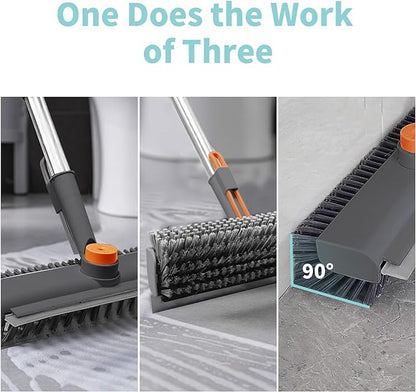 Floor Scrub Brush with Long Handle, 3 in 1 Scrape and Heavy-Duty Stiff Bristle Scrubber Brush for Cleaning Shower Bathroom, Patio, Pool, Garage, Kitchen, Wall and Deck (Gray, 1 Pack)