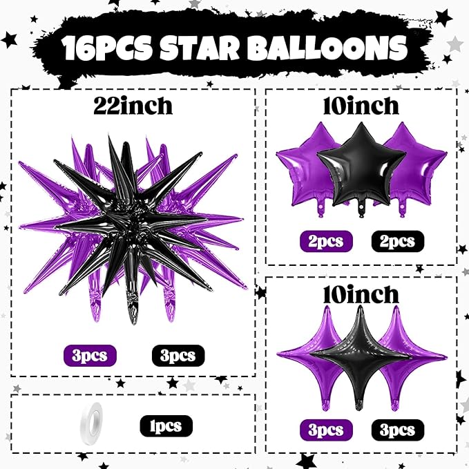 Purple Black Star Balloon,16Pcs Star Foil Balloons Set with 22Inch Explosion Spike Cone Balloons and 10Inch Quadrangle Helium Balloon for Birthday Wedding Baby Shower and Halloween Party Decorations