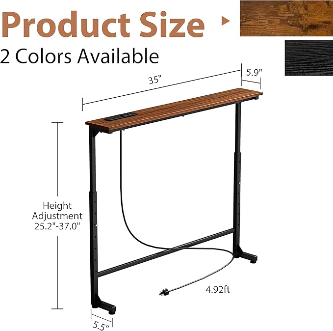 GRLEAF 35" Adjustable Height Narrow Console Table with Power Outlets, Long Sofa Table with Charging Station Behind Couch Table Skinny Entryway Table for Living Room, Hallway and Office – Rustic Brown