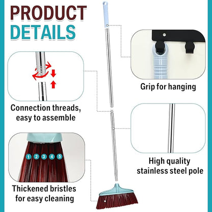 Lasnten 8 Pack Indoor Broom for Floor Cleaning Commercial Set with 49" Stainless Steel Detachable Handle Indoor and Outdoor Floor Brooms for Home, Garage, Kitchen, Office, Patio(Blue,49x13.6 Inches)