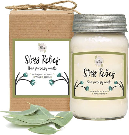 Aira Soy Candles - Organic, Kosher, Vegan, in Mason Jar w/Therapeutic Grade Essential Oil Blends - Hand-Poured 100% Soy Candle Wax - Paraffin Free, Burns 110+ Hours -Relaxing Stress Relief -16 Ounces