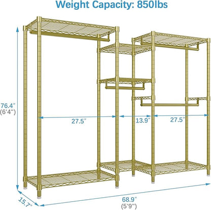 VIPEK Classic V6 Wire Garment Rack Heavy Duty Clothes Rack with 7 Adjustable Shelves & 4 Hanging Rods, Compact DIY Metal Clothing Racks 68.9" L x 15.7" W x 76.4" H, Max Load 840LBS, Gold