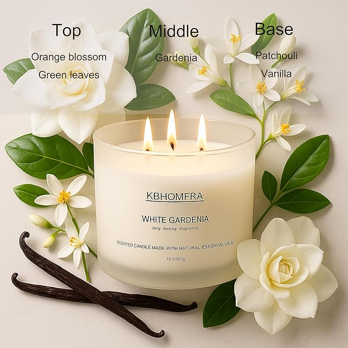 Scented Candle for Home, Patchouli Gardenia Candles Essential Oils, Soy Wax 12.4oz Big Candle,3-Wick 70 Hours Burn,for Festival Luxury Christmas Gift,Sleep Relaxation Ambience