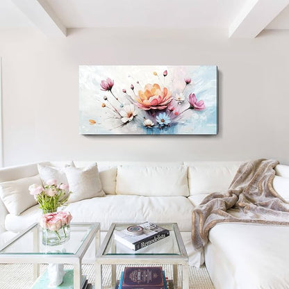 amatop Large Floral Wall Art – Modern Pink White and Blue Abstract Colorful Flower Bouquet Print Large Botanical Canvas Picture Nature Artwork Wall Decor for Living Room Bedroom Office 48x24 inch