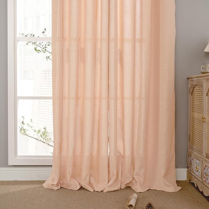YoungsTex Peach Linen Curtains 72 Inches Long for Living Room, Coral Drapes Semi Sheer with Bronze Grommet Light Filtering Textured for Bedroom Dining Spring Decor, 52 x 72 Inch, 2 Panels