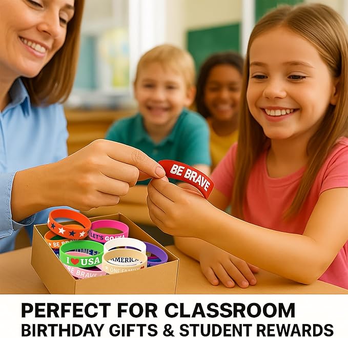 Kids Bracelets Silicone Wristbands: 24 Pack USA Theme Classroom Rewards Birthday Party Favors & School Spirit Day Gifts for Elementary Students