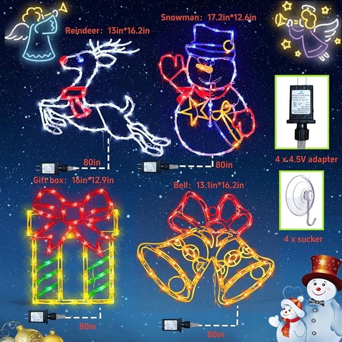Christmas Decorations - 16" Christmas Window Silhouette Lights - 4 Pack Colour Lighted Snowman ＆ Reindeer ＆ Bell ＆ Gift Box for Holiday Indoor and Outdoor Wall Door Window Decorate