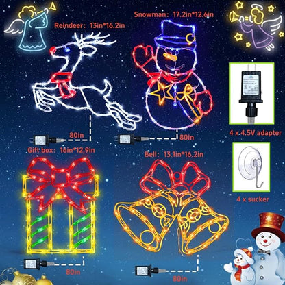 Christmas Decorations - 16" Christmas Window Silhouette Lights - 4 Pack Colour Lighted Snowman ＆ Reindeer ＆ Bell ＆ Gift Box for Holiday Indoor and Outdoor Wall Door Window Decorate