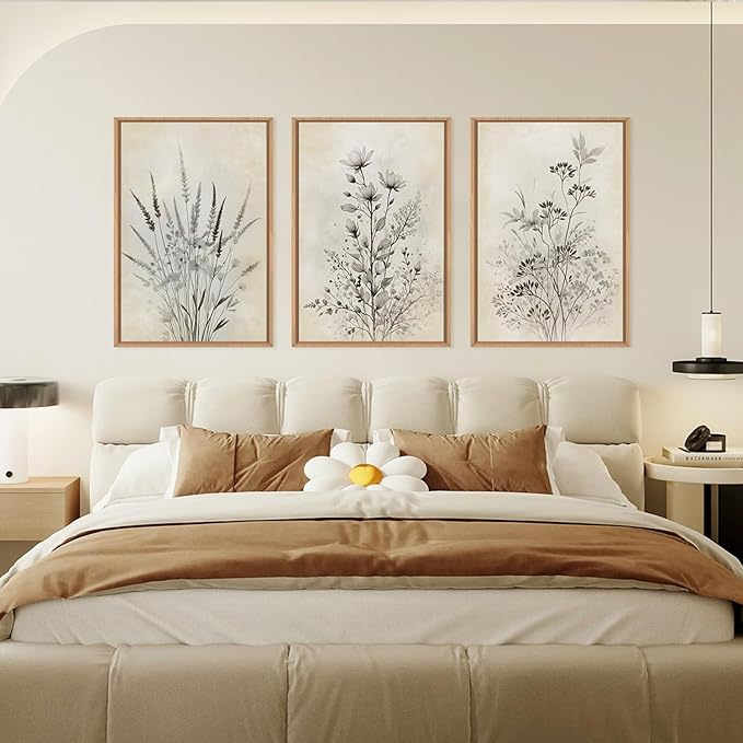 Large Neutral Flower Botanical Framed Canvas Wall Art,Boho Wildflowers Ink Wall Decor,Vintage Bouquet Wall Painting,Nature Artwork for Living Room,Bedroom,Dining Room,Office -16"x24"x3