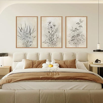 Large Neutral Flower Botanical Framed Canvas Wall Art,Boho Wildflowers Ink Wall Decor,Vintage Bouquet Wall Painting,Nature Artwork for Living Room,Bedroom,Dining Room,Office -16"x24"x3