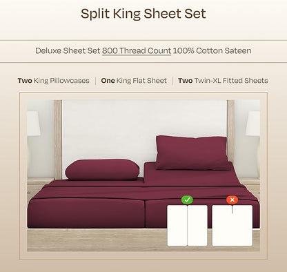 California Design Den Split King Sheets Set - Luxury Hotel 800 Thread Count Sateen, Soft and Natural 100% Cotton Sheets, Deep Pockets with Anti-Skid Elastic for a Snug Fit, Cool and Durable - Red Wine