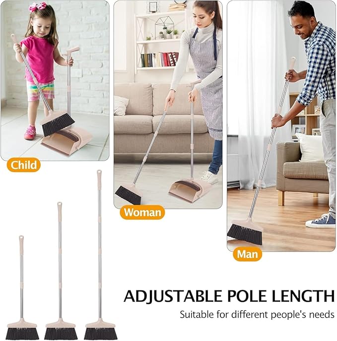 Broom and Dustpan Set with 57.4 Inch Adjustable Stainless Steel Handle, Upright Foldable Design, Beige and Brown, Heavy Duty with Built-in Teeth