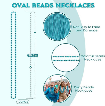 SHAOQINLIN 100 PCS Teal Bead Necklaces, Teal Mardi Gras Beads Necklaces Turquoise Party Beads Necklace Bulk Oval Beaded Necklaces for Mardi Gras, Christmas, School Spirit Day Party Favors