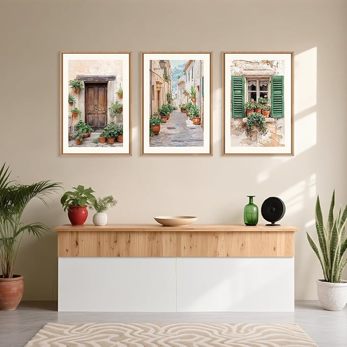 Large Vintage Italy Cityscape Framed Canvas Wall Art,Minimalist Europe Street Art Prints,Natural Green Window Wall Decor,Modern Country Landscape Artwork for Living Room,Dining Room -24"x36"x3