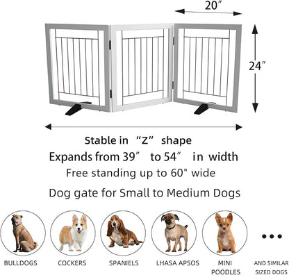 ZJSF Freestanding Dog Gate Indoor, Foldable Dog Fence for Doorways,Hallways or Stairs, Sturdy Wood Extra Wide Pet Gate with Support Feet,White