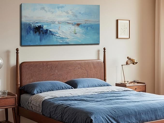 Ardemy Abstract Canvas Wall Art for Living Room Blue Coastal Textured Pictures Paintins Wall Decor Teal Artwork for Walls Home Office Kitchen Bedroom Dining Room Large 48"x24"