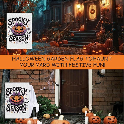 Fokongna Spooky Season Garden Flag, Halloween Scary Pumpkin Bat Decor Flag, 12x18 Inch Burlap Vertical Double Sided Flags, for Home Yard Outside Decorations