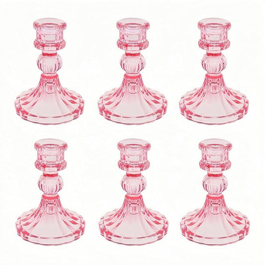 Glass Candlestick Holder,Striped Taper Candle Holders,Set of 6 Candle Stand for Table Centerpieces, Home Decor,Weddings,Festival and Parties (Peach Red Stripe Pattern)