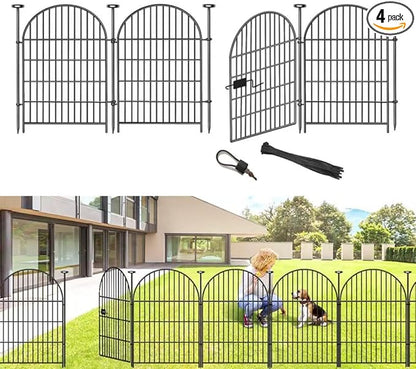 Adavin Tall Garden Fence Animal Barrier with Gate, 40 in(H)×8.8ft(L) 4 Panels No Dig Fence for Dogs, Rustproof Metal Wire Temporary Fences for Dogs Rabbits, Black Garden Fencing for Yard Lawn Patio