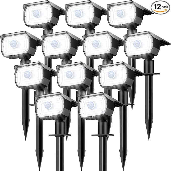 nipify Solar Spot Lights Outdoor Motion Sensor with 3 Modes, [ 12 Pack/56 LED ] Solar Spotlights Outdoor Waterproof 2-in-1 Auto On/Off Landscape Lighting for Outside Yard Wall Garden Path,Cool White
