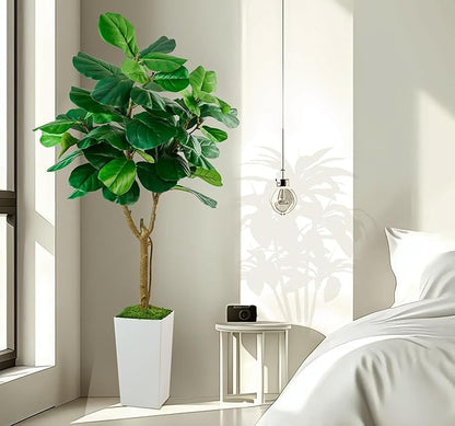 Fiddle Leaf Fig Tree, 6ft Artificial Tree with White Tall Planter, Large Faux Plants Indoor, Fake Fig Tree in Pot for Home Office Bedroom Living Room Decor Garden Outdoor Housewarming Gift