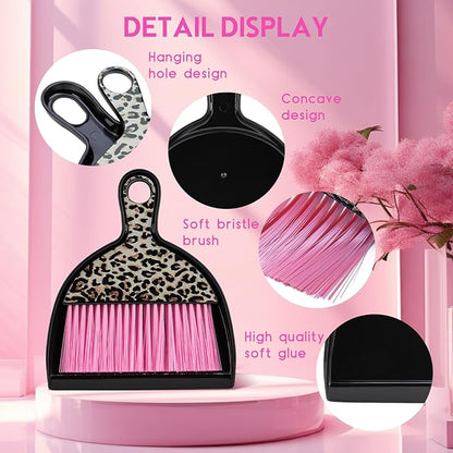THINKLEARN 2PCS Mini Dustpan and Brush Set, Small Broom and Dustpan Set with Pink Leopard Print Design, Hand Broom Whisk Broom and Dust Pan for Cleaning Desk, Home, Cars, Pets, Kids