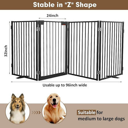 Metal Freestanding Dog Gates with Door,Extra Wide 24", 32" Height Foldable Dog Fence for Indoor & Outdoor, Heavy Duty Freestanding Pet Barrier for Stairs, Doorways, Halls, Kitchen,Yard,Christmas Tree