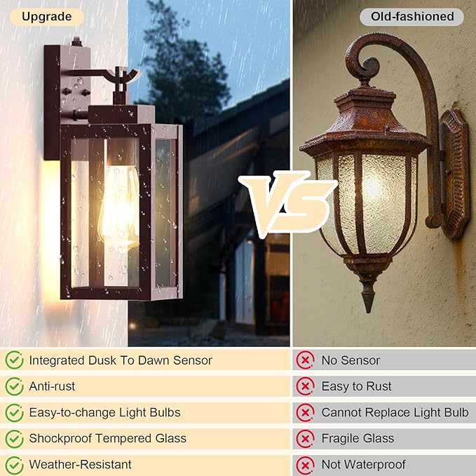 2-Pack Dusk to Dawn Porch Light, Farmhouse Brown Outdoor Lights Wall Mount, Waterproof Anti-Rust Wall Sconces for House, Yard, Entryway, Garage, 100-120Vac