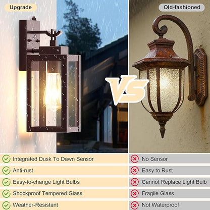 2-Pack Dusk to Dawn Porch Light, Farmhouse Brown Outdoor Lights Wall Mount, Waterproof Anti-Rust Wall Sconces for House, Yard, Entryway, Garage, 100-120Vac