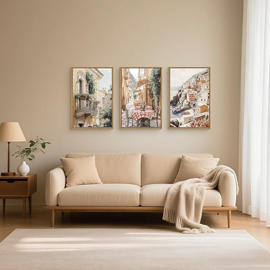 HLNIUC Vintage Italy Street Wall Art Set of 3, the Mediterranean Italian Countryside Wall Decor(16x24), Modern Cityscape Coastal Town Nature Scenery Canvas Painting for Living Room, Bedroom, Office