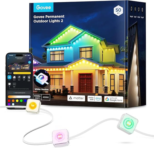 Govee Permanent Outdoor Lights 2, 50ft RGBIC Outdoor Lights with 36 LED Lights, IP67 Waterproof, 100 Scene Modes with 40lm White for Outdoor Decorations, Works with Alexa, Google Assistant, White