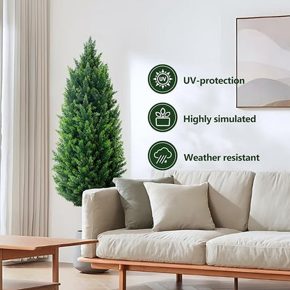 4FT Tall Artificial Cypress Plant Set of 2, Realistic Topiary Fake Plant with Spike, Artificial Cypress Topiary for Indoor &Outdoor, Home, Offices, Porch Decor