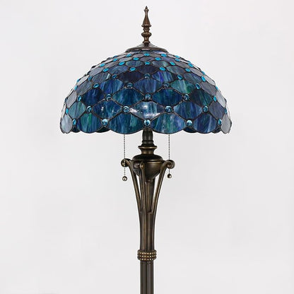 Tiffany Floor Lamp Sea Blue Stained Glass Pearl Standing Reading Light 16X16X70 Inches Antique Pole Corner Lamp Decor Bedroom Office Living Room