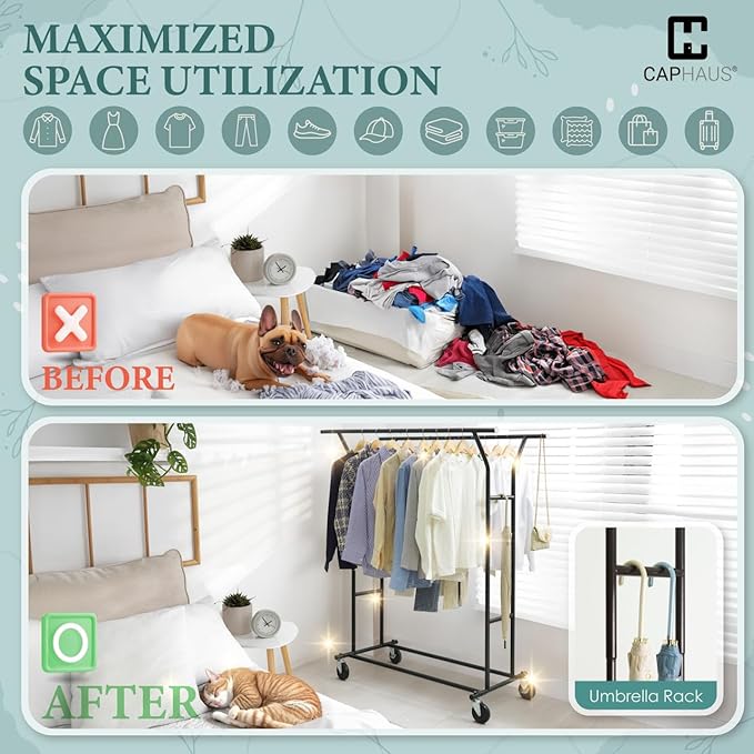 CAPHAUS Heavy Duty Clothes Rack with Double Rods, 440LBS Capacity Rolling Clothing Rack for Hanging Clothes, Adjustable Metal Wardrobe Rack, Garment Rack with Wheels and Extendable Rods, Black