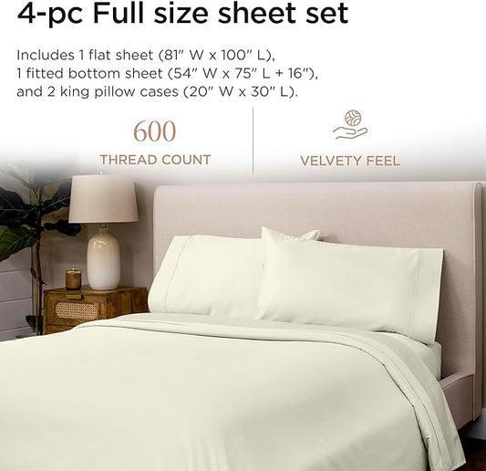 Threadmill 100% Cotton Sheets for Full Size Bed - 600 Thread Count Full Bed Sheets Set with 16” Deep Pocket - Sateen Weave 4-Piece Bedding Set with Cooling Effect, Ivory