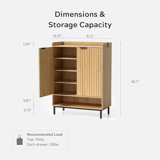 Fluted Shoe Cabinet with Doors, Large Wooden Shoe Storage Cabinet with Adjustable Shelves, Modern Tall Freestanding Shoe Rack Organizer for Entryway, Hallway Natural Oak