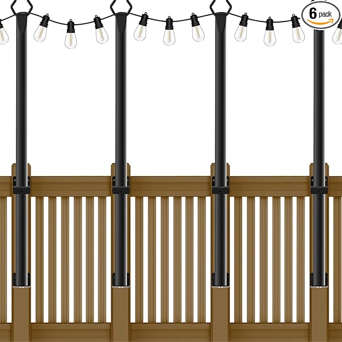 5 Ft String Light Poles 4 Pack, String Light Poles for Outside with Fixing Clips,Hanging Light Poles for Deck Fence Garden Backyard Wall Bistro,Metal Poles for Outdoor String Lights