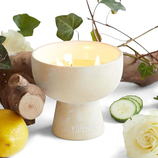 Blueme Renew Candle | Ivy & Rose | 3 Wick - Refillable Wellness Candle with Essential Oils, Hand Finished & Poured Soy Wax Blend Ceramic Vessel, Natural Cotton Wicks | Medium 12 oz