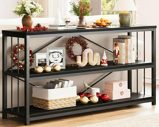 LVB Black Entryway Table, Modern Extra Long Sofa Console Table, Metal Wood Narrow Hallway Table with Storage Shelves, Industrial Skinny Foyer Couch Tables for Living Room Bedroom, Black Oak, 70 Inch