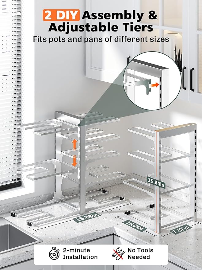 MUDEELA 8-Tier Pots and Pans Organizer for Cabinet, Adjustable Heavy Duty 120LBS Pot and Pan Organizer Rack Under Cabinet, Kitchen Cabinet Storage and Organization Cookware Baking Frying Rack