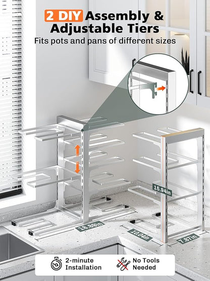 MUDEELA 8-Tier Pots and Pans Organizer for Cabinet, Adjustable Heavy Duty 120LBS Pot and Pan Organizer Rack Under Cabinet, Kitchen Cabinet Storage and Organization Cookware Baking Frying Rack