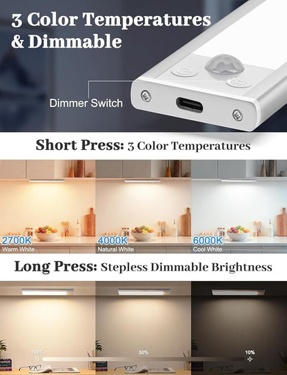 12in Under Cabinet Lighting with Charging Station, 2500mAh Rechargeable Wireless Motion Sensor Lights Indoor,Closet Lights with 3 Color Tempers, Battery Operated Cabinet Lights for Kitchen, 3-Pack