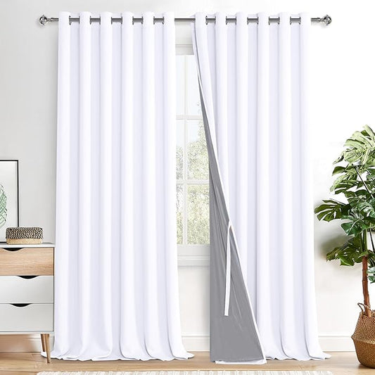 XWZO White 100% Blackout Curtains - Heat and Full Light Blocking Drapes with Black Liner for Large Windows, Grommet Top Window Panels with Tiebacks, White, W70 x L95, Set of 2
