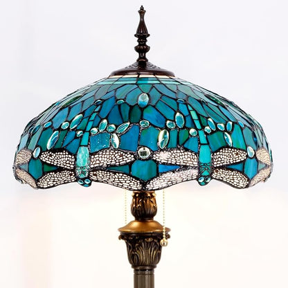 WERFACTORY Tiffany Floor Lamp Dragonfly Green Stained Glass Standing Reading Light 16X16X64 Inches Antique Pole Corner Lamp Decor Bedroom Living Room Home Office S622 Series